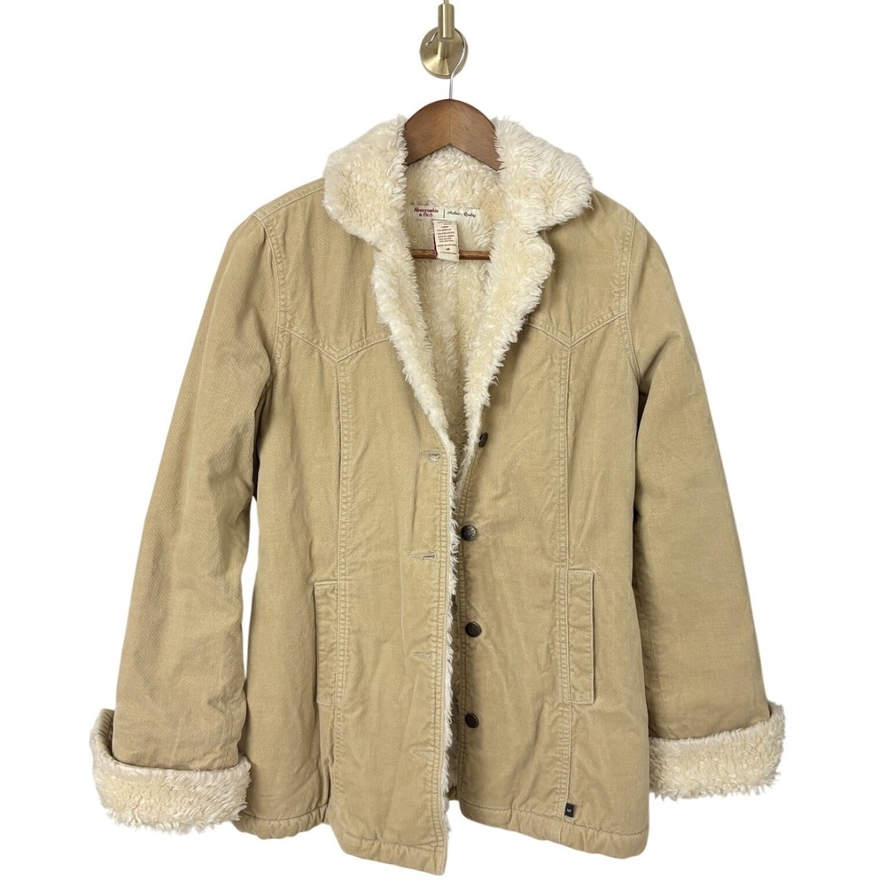 Vtg Y2K Abercrombie Fitch Penny‎ Lane Faux Sherpa Jacket Womens M Tan Corduroy
